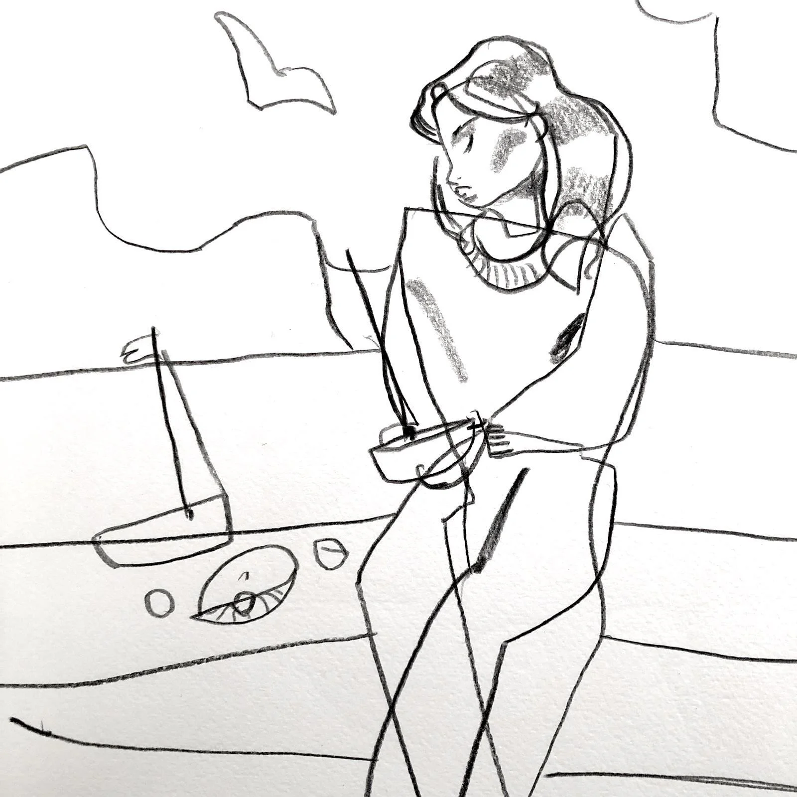 Girl with toy boat. 19 x 19 cm. Conte on white cartridge.