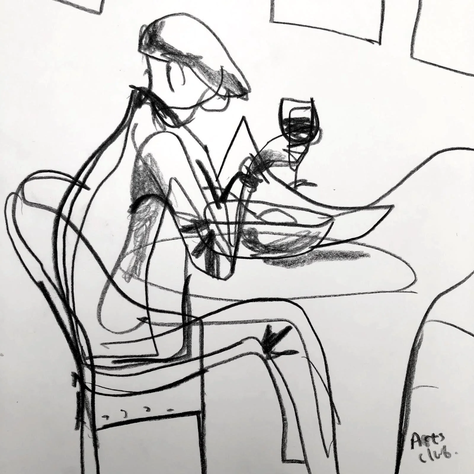 Artist's supper, Chelsea Arts Club. 19 x 19 cm. Conte on white cartridge.