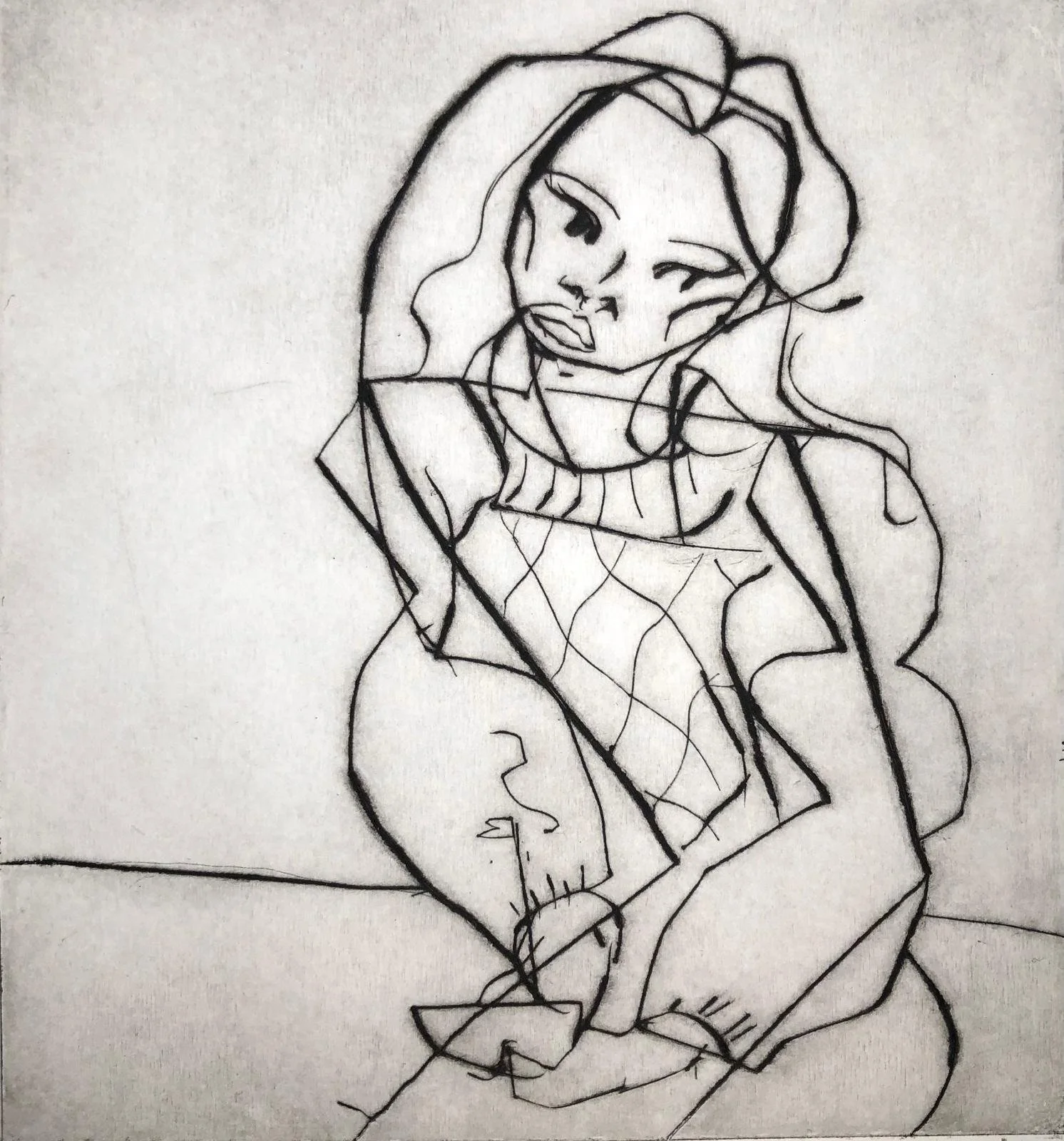 Girl in a summer dress. Drypoint etching. Edition of 12