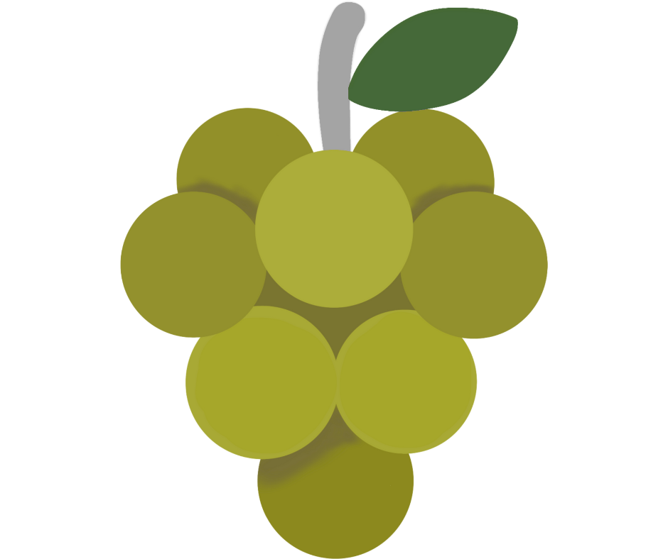 A bunch of green grapes with a leaf and a stem.