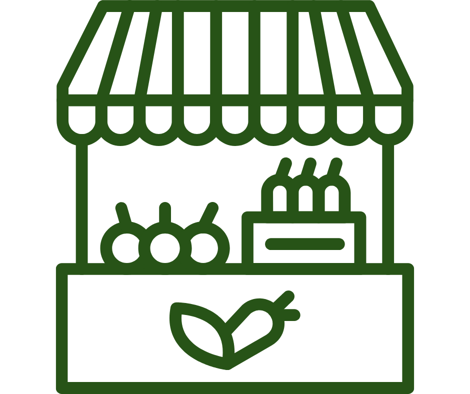 Line drawing of a small outdoor market stall with a striped canopy, displaying tomatoes, bottles, and other produce.