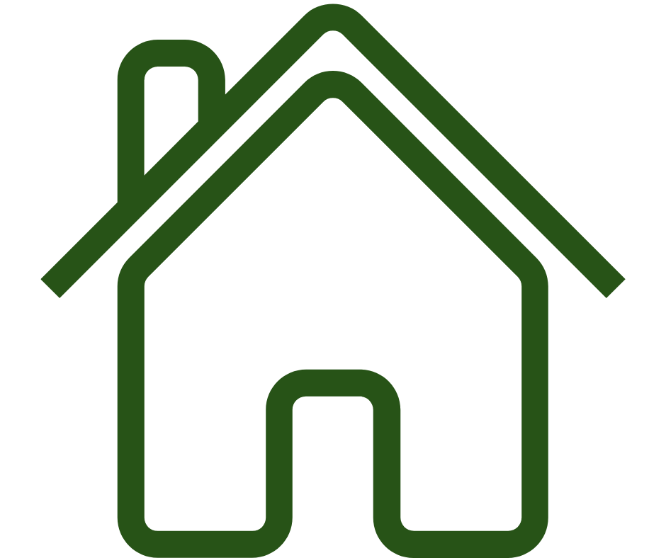 Green outline of a house with a chimney on the left side.
