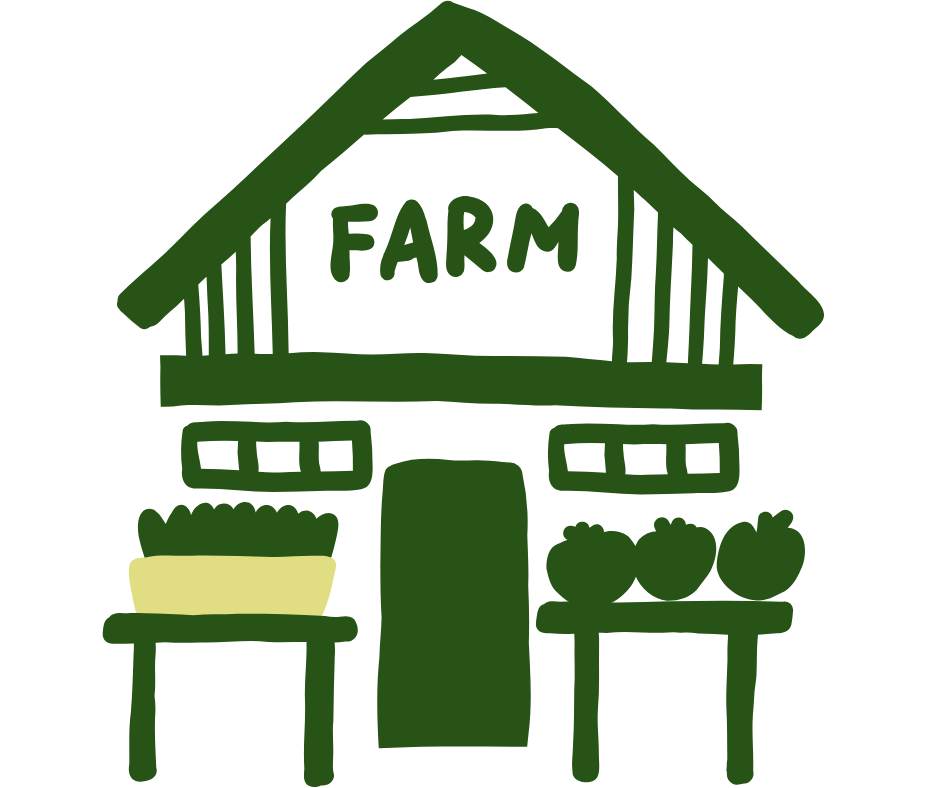 A simple illustration of a farm building with a gable roof, two windows, and a door, with the word "FARM" written on the upper part, surrounded by plants and vegetables outside.