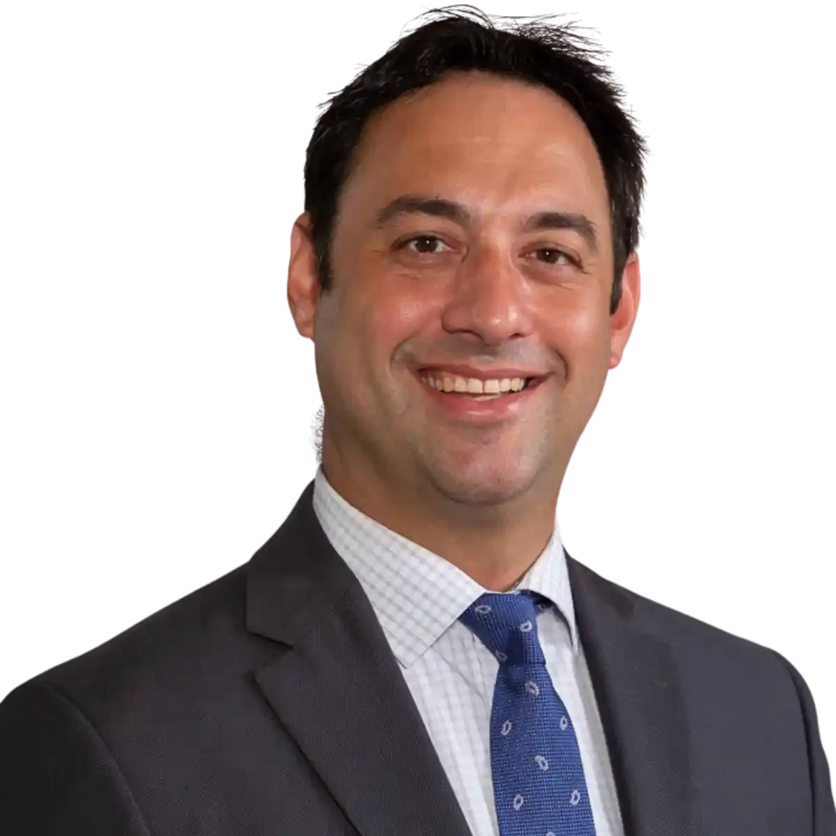 Professional headshot of a smiling man in a dark suit, white shirt, and blue tie, with a black background.