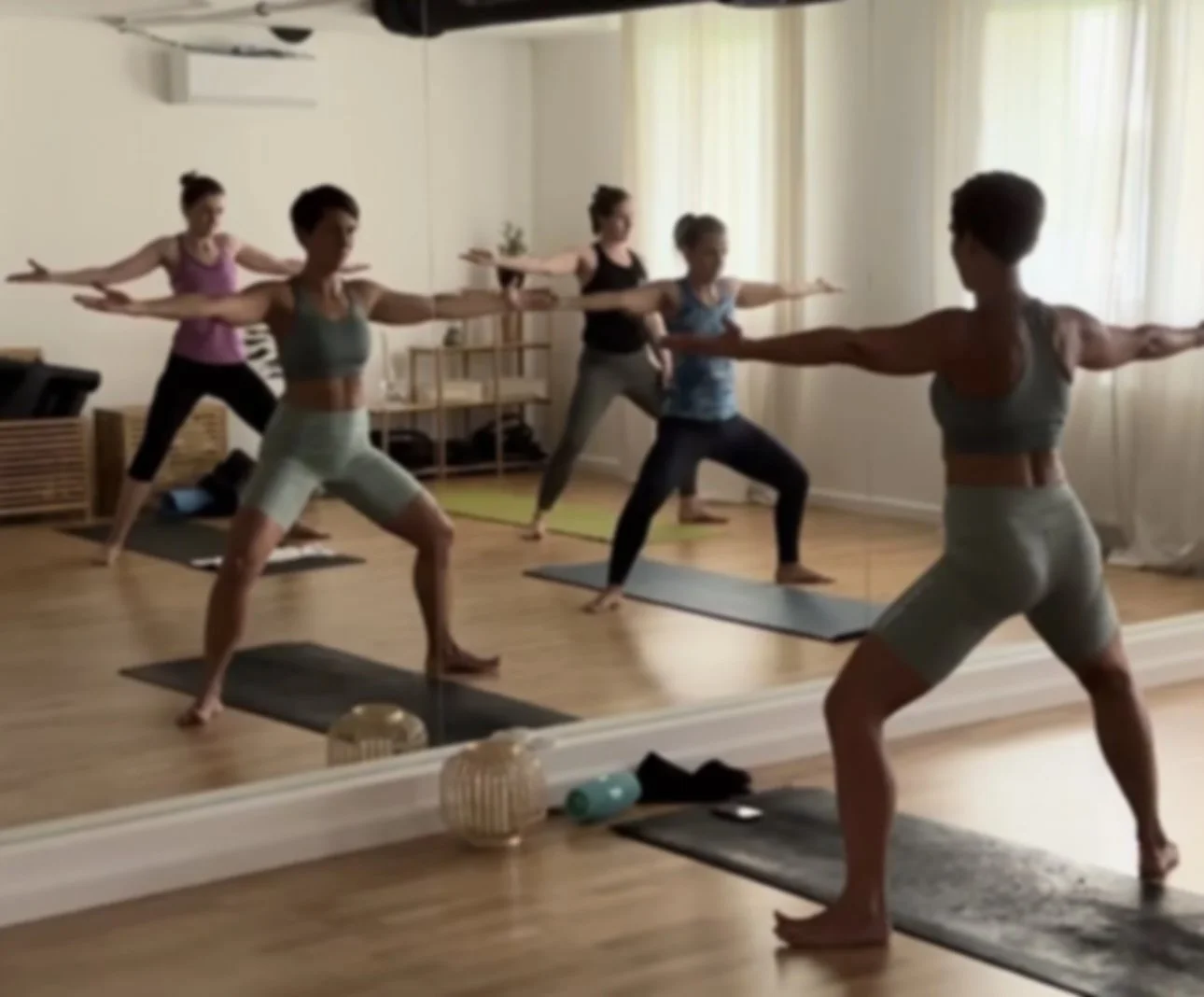 A group of five women practicing yoga in a studio, standing in a wide-legged stance with arms extended to the sides, facing a mirror.