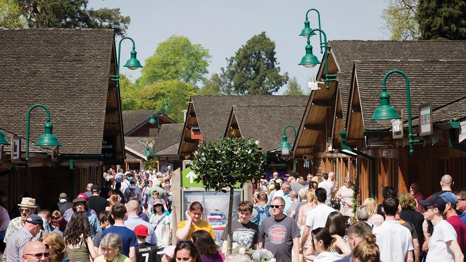 Crowd of people walking along a street lined with small wooden shops and stalls with green street lamps, in a sunny outdoor setting with trees in the background.