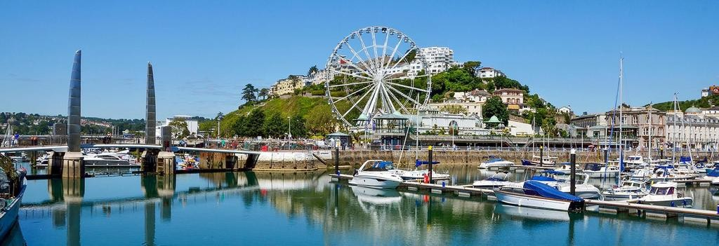 Harbor with boats, a large Ferris wheel, and hills with buildings in the background.
