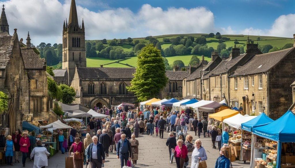 Market scene in a small town with tents and people shopping, historic buildings, a church steeple, and green hills in the background.