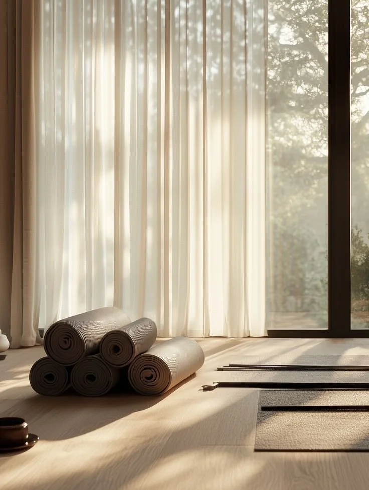 Indoor yoga room with sunlight streaming through sheer curtains, six rolled yoga mats stacked, and exercise straps on the floor.