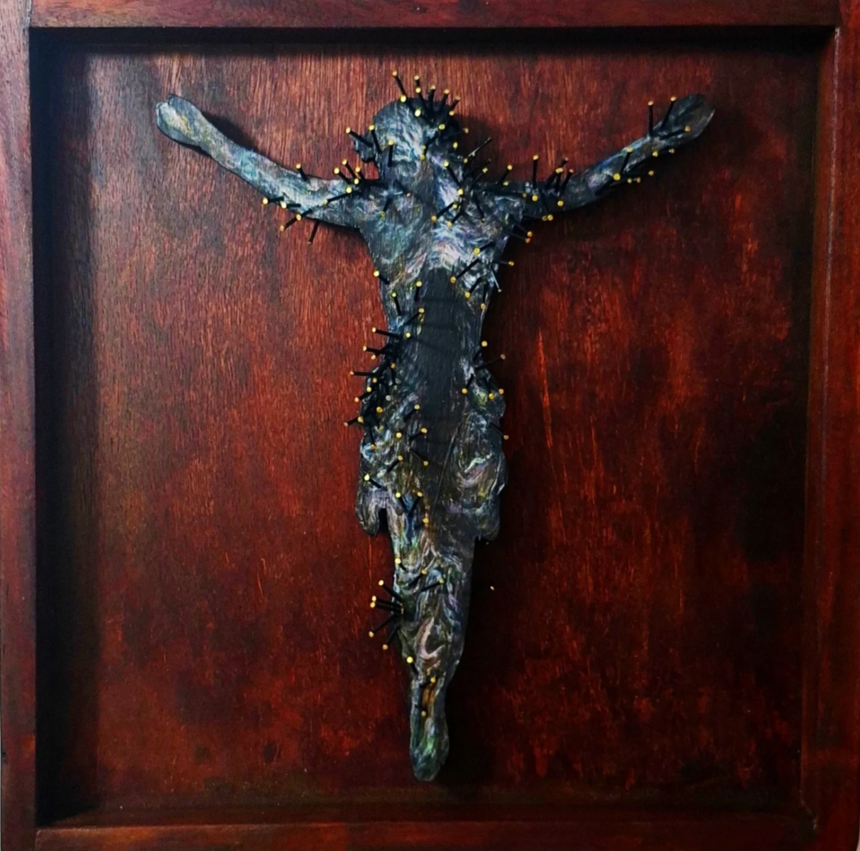 "If God is in the machine
Then the devil
Probably swims in the fury
Of the heart"
Acrylic & Industrial Nails On Shaped Wood
2025

Exhibited under TLYR Collectives' "Re-rooting In Unfamiliar Soil" at Luzon Art Fair 2025.