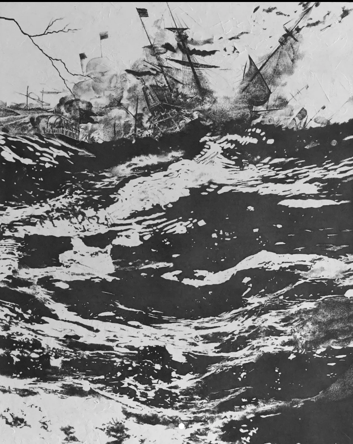 "1521 (also known as "Hindi Nakarating si Magellan")"
Graphite on canvas, 30" x 40"
2025

Exhibited at "Kasaysayang" group show by CANVAS at the UP Fine Arts Gallery.