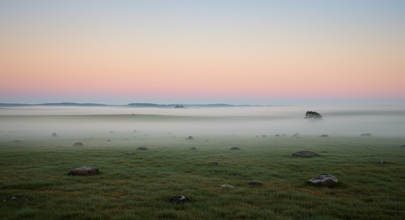 A misty field with scattered rocks, a lone tree, and a colorful sky during sunrise or sunset.