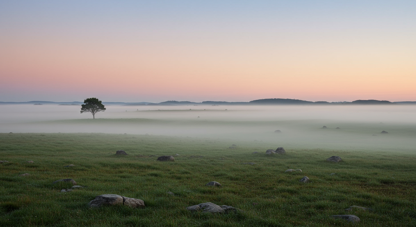 A lone tree stands in the middle of a foggy field during sunrise or sunset, with a few scattered rocks and distant hills on the horizon, and the sky painted with pastel colors.