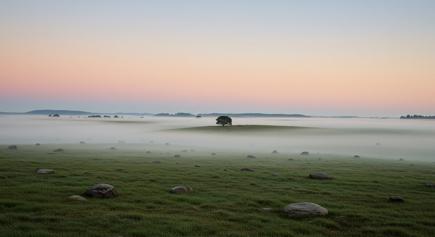 A serene landscape of a grassy field with scattered rocks, a single tree near the center, and a layer of fog over the land during dawn with a pastel-colored sky.