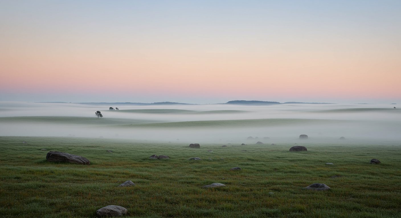 A foggy landscape with rolling green fields, scattered rocks, and a few lone trees in the distance under a pastel-colored sky.