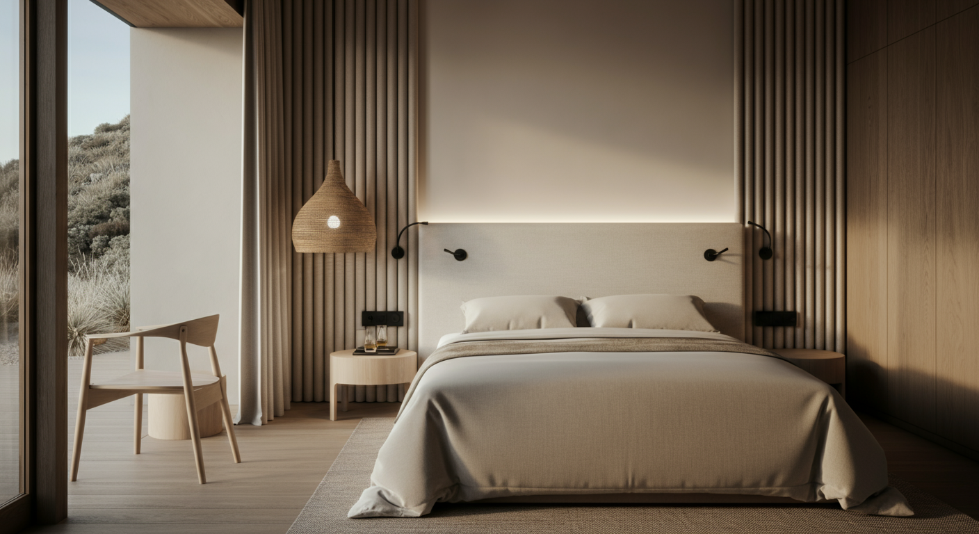 Elegant boutique hotel bedroom designed for comfort and style, representing luxury accommodations curated through personalized travel planning.