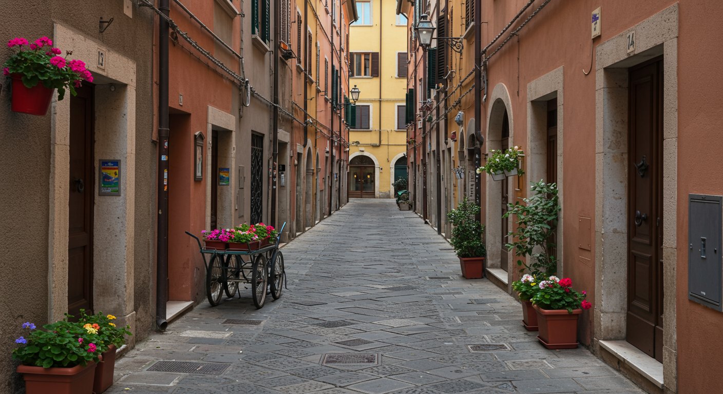 A narrow cobblestone alleyway lined with colorful buildings, potted flowers, and a bicycle with a flower box in front.