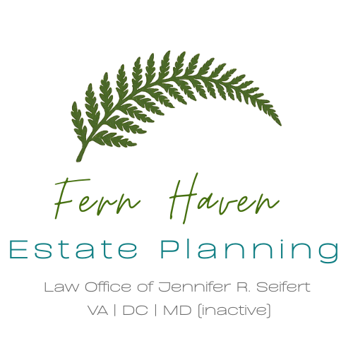 Fern leaf with text for Fern Hover Estate Planning, law office of Jennifer R. Seifert, inactive in VA, DC, MD