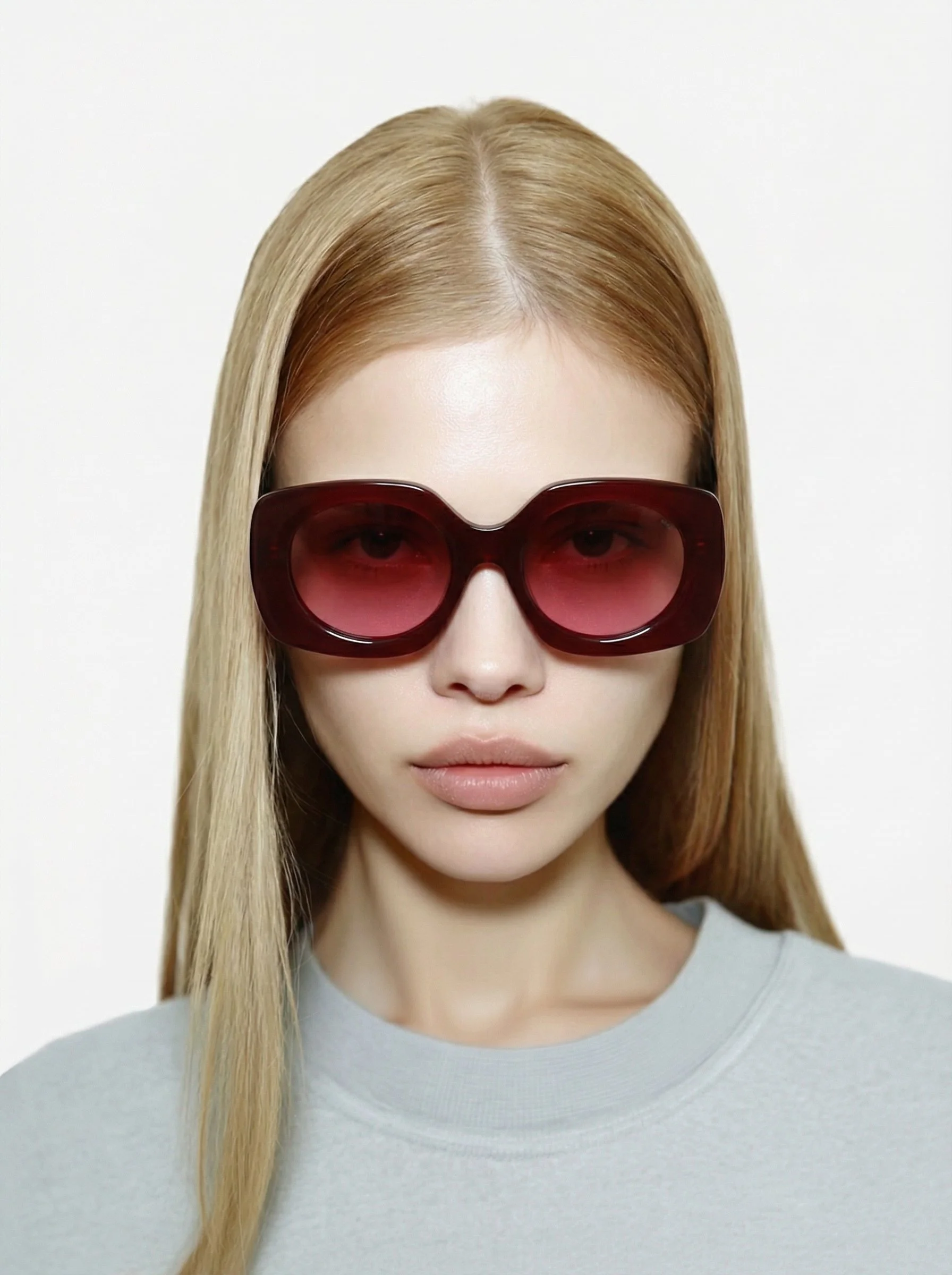 Femme portant des lunettes de soleil à grandes lentilles rouges, cheveux blonds longs et droits, vêtue d'un t-shirt gris clair