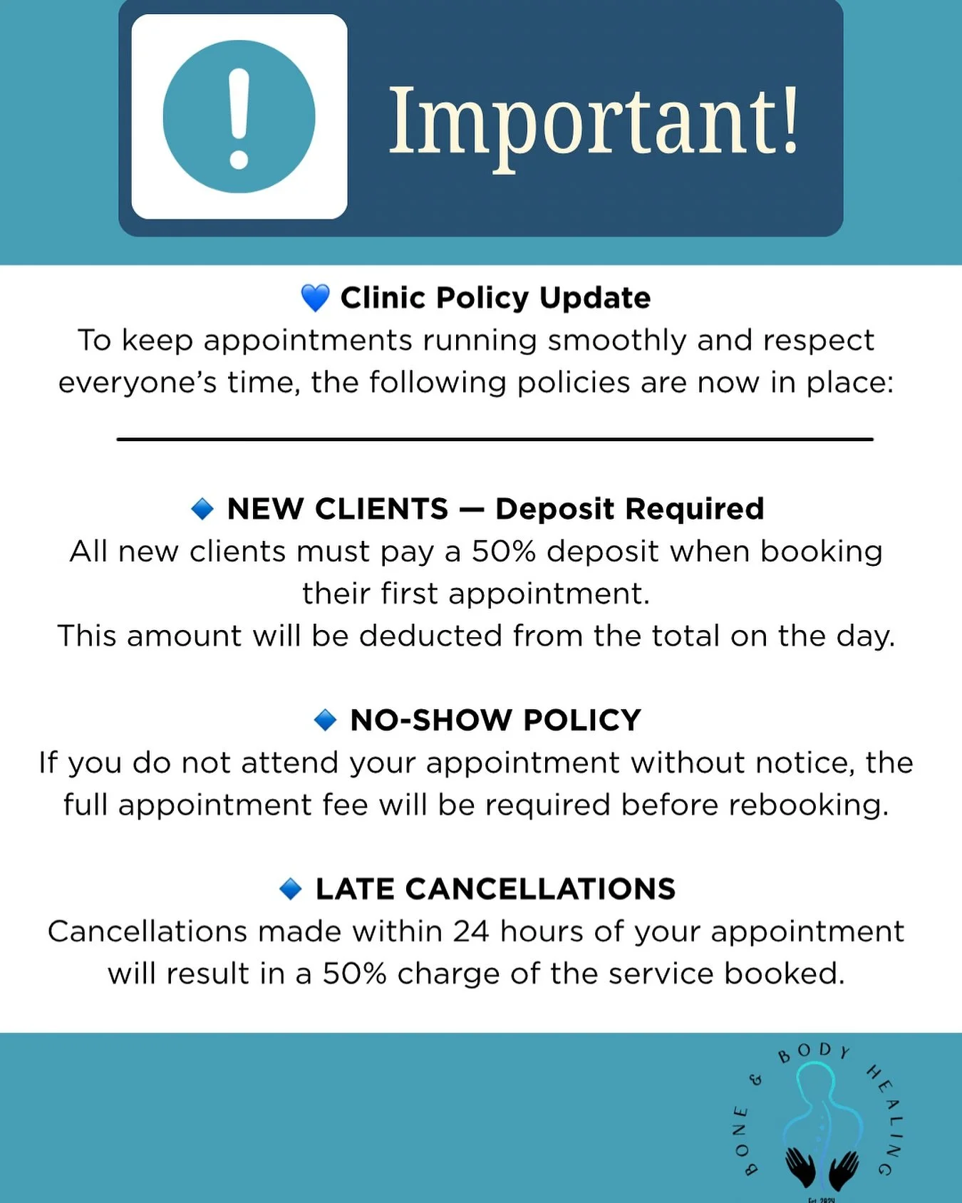 ✨ New Policy Update ✨
To keep things running smoothly and ensure everyone gets the best service, a few changes are now in place:
&bull; New clients &ndash; a 50% deposit is required for your first appointment
&bull; No-shows &ndash; full appointment 