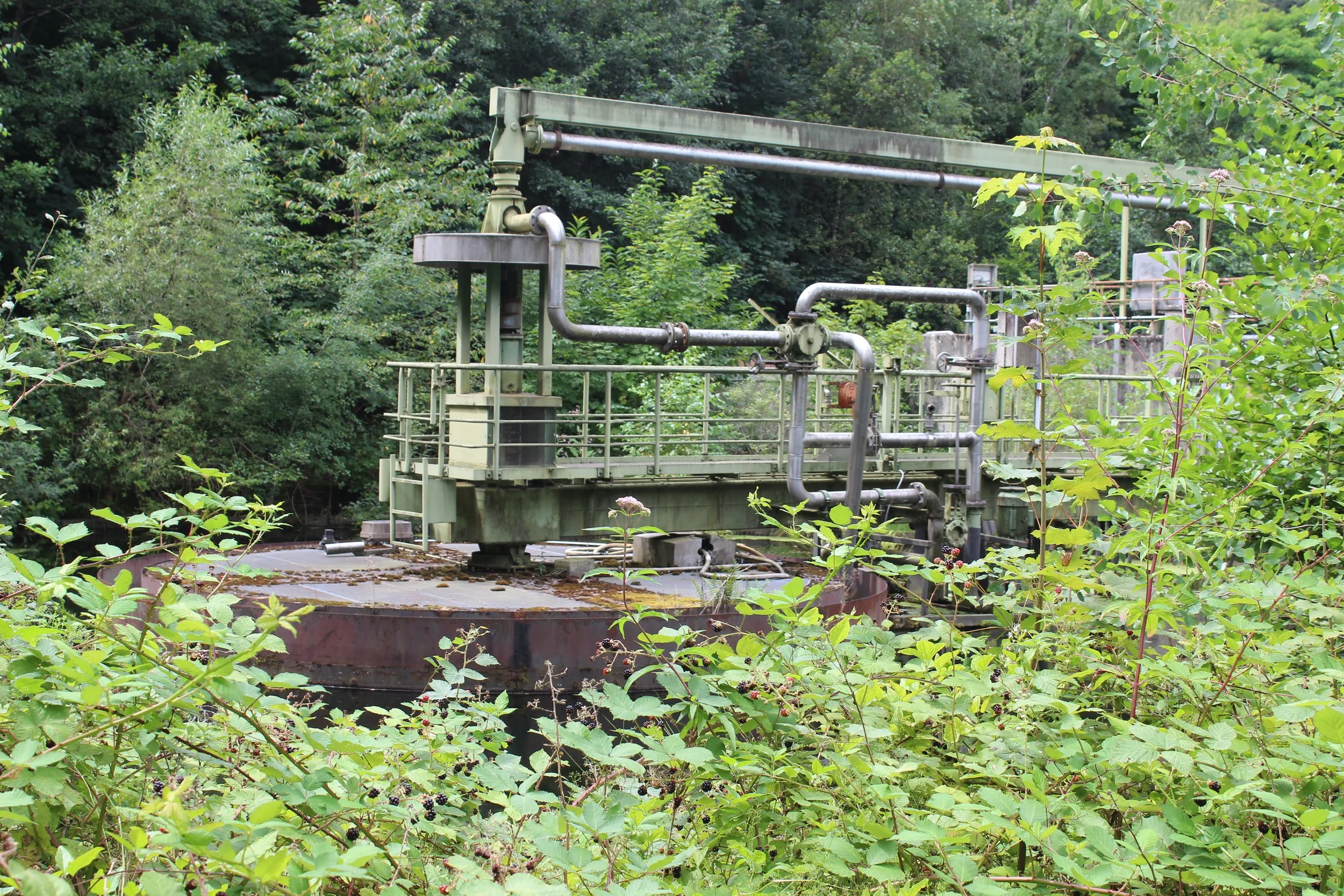 Alte Industrieanlage mit Metallrohren und Plattform, von Pflanzen überwuchert, in einer grünen Umgebung.