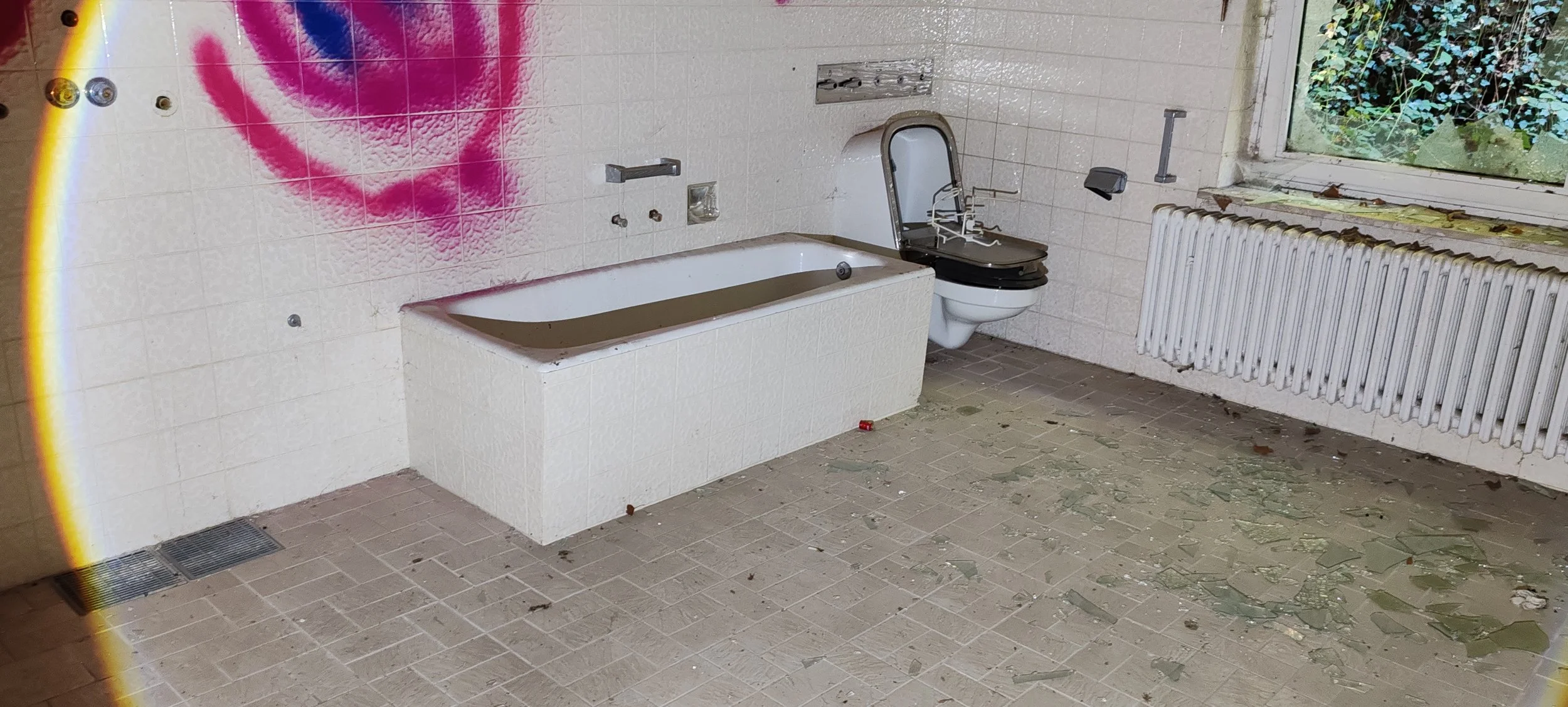 Ein verlassener, schmutziger Badezimmerraum mit flachem Waschbecken, einem kaputten Toilettenstuhl, zerbrochenem Glas auf dem Boden und einem Fenster, durch das Pflanzen im Außenbereich sichtbar sind.