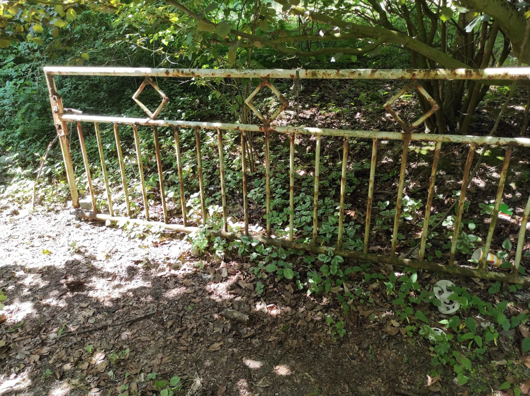 Alte, rostige Metallzaun im Wald, umgeben von grünen Büschen und Laub.