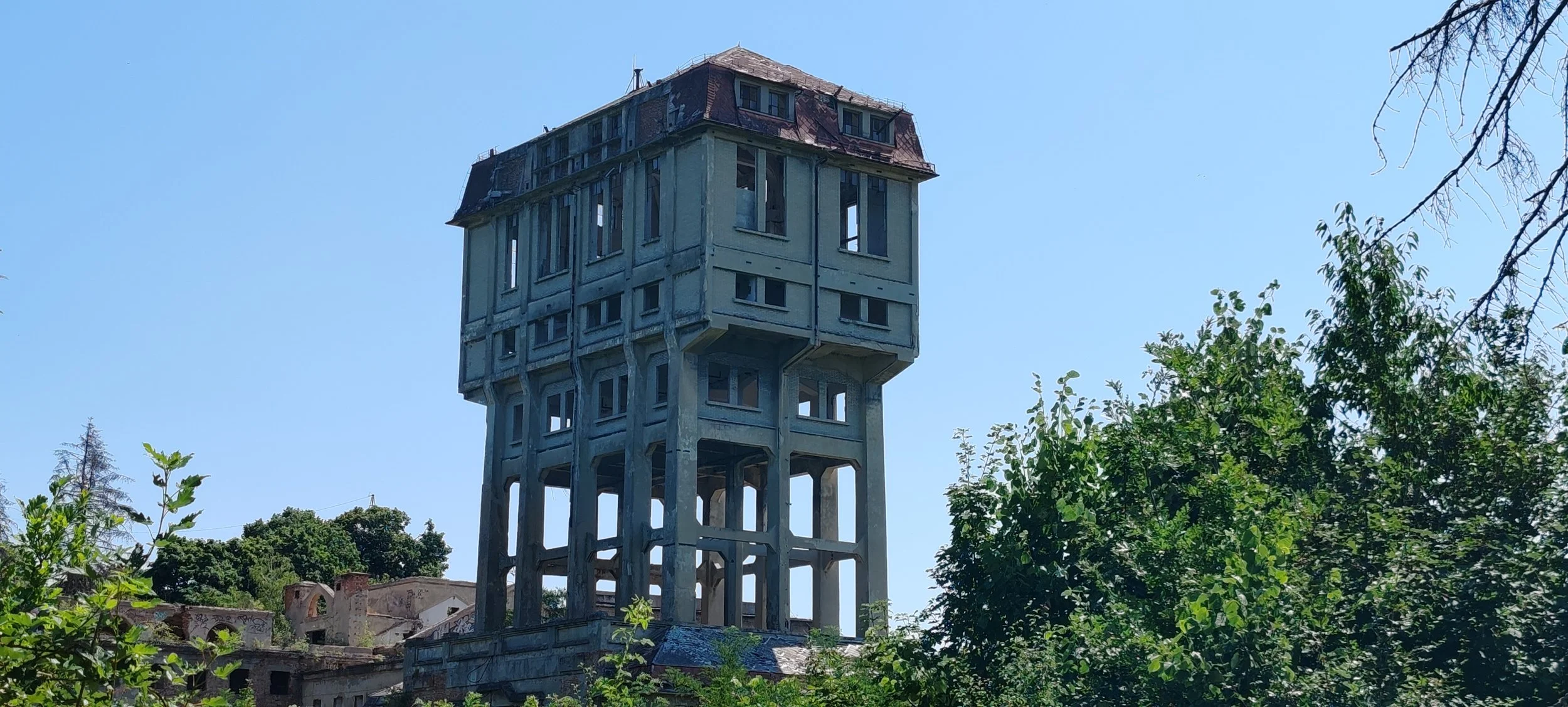 Ein ungewöhnliches, erhöht gebautes Haus auf hohen Betonpfeilern, umgeben von Bäumen, bei strahlendem Himmel.