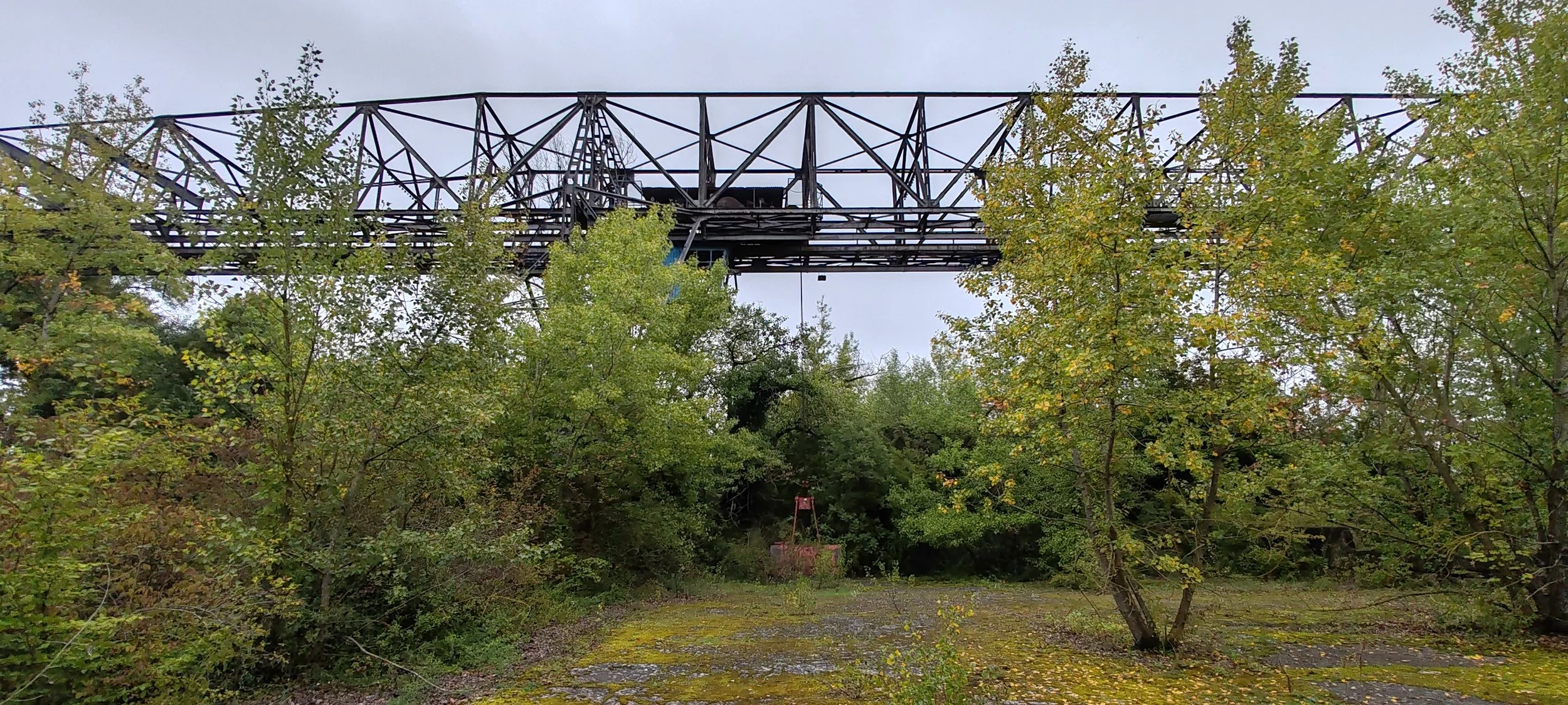 Verfallene, überwucherte Industrieanlage mit einem hohen, metallischen Förderband darüber, umgeben von Bäumen und Pflanzen im Grünen, auf einem moosbedeckten, verfallenen Gelände.