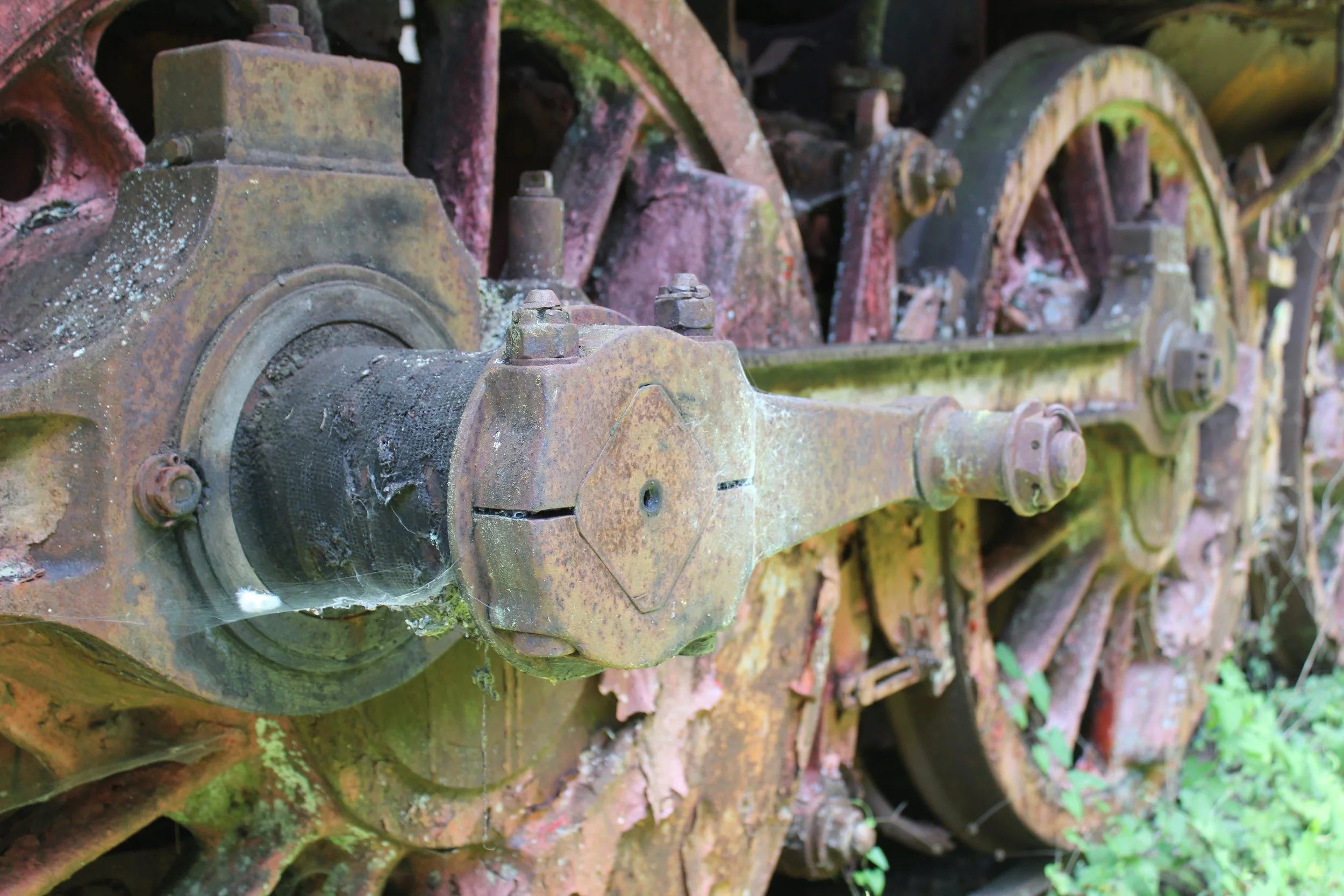 Ein alter, verrosteter Teil einer Lokomotive mit Riemen und großen Rädern, überwuchert mit Moos und Pflanzen.