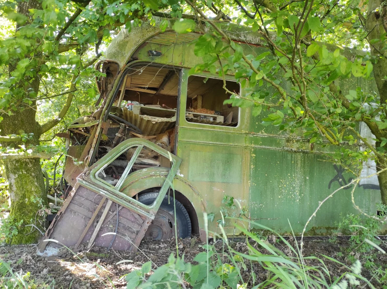 Ein verrostetes und verlassenes grünes Fahrzeug, umgeben von Bäumen und Vegetation in einem Wald oder Garten. Das Fahrzeug ist teilweise zerfallen, mit offenen Fenstern und sichtbarer Innerraum.