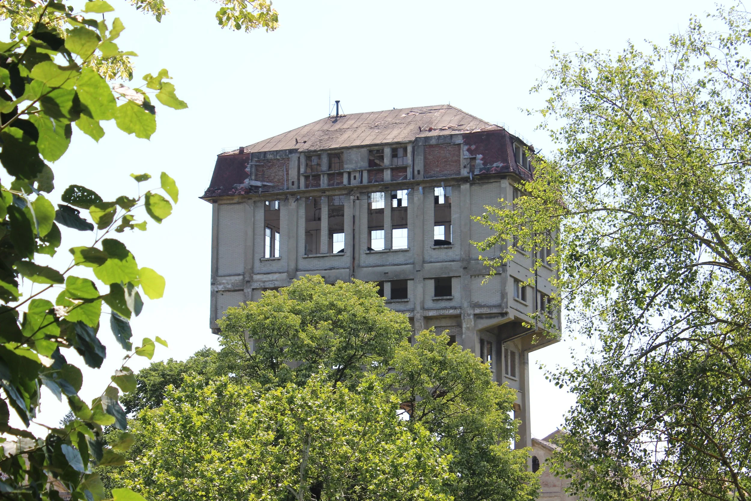 Ein hochgelegenes verfallenes Gebäude, umgeben von grünen Bäumen und Blättern, bei Sonnenlicht.