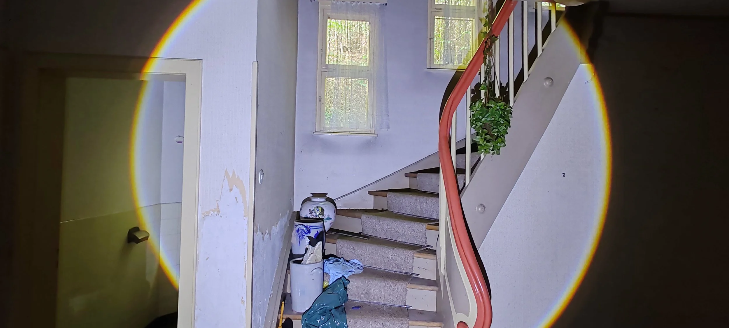 Innenansicht eines Treppenhauses mit ärmlichen Zustand, beschädigter Wand, leeren Blumentöpfen, Putzresten, und einem Fenster auf der oberen Etage.