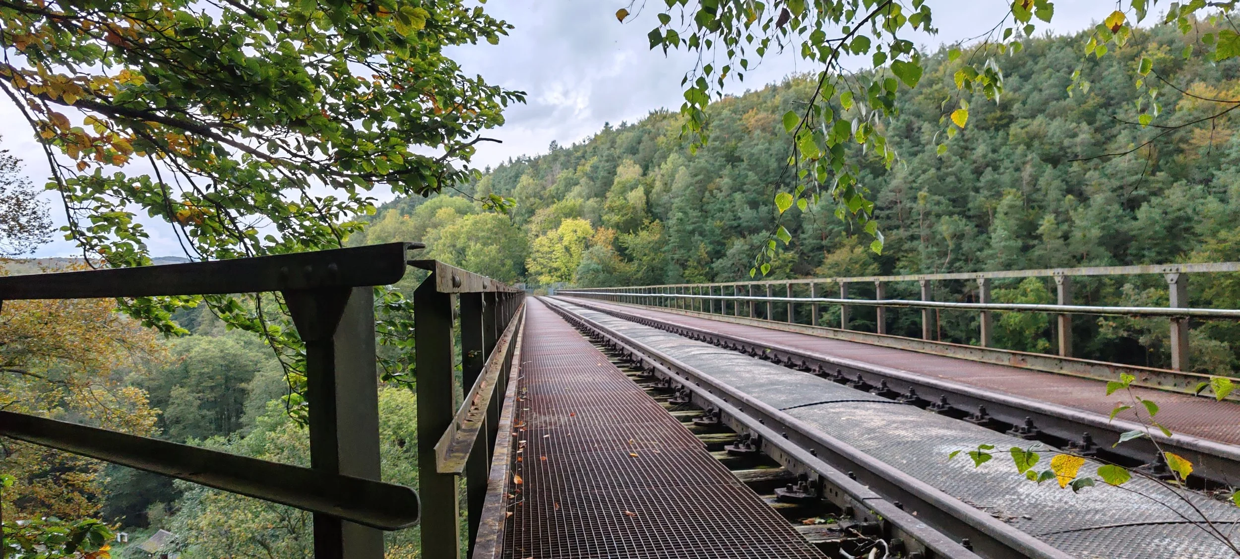 Ein Eisenbahnweg überbrückt einen Abgrund, umgeben von grünem Laub und bewaldeten Hügeln im Hintergrund.