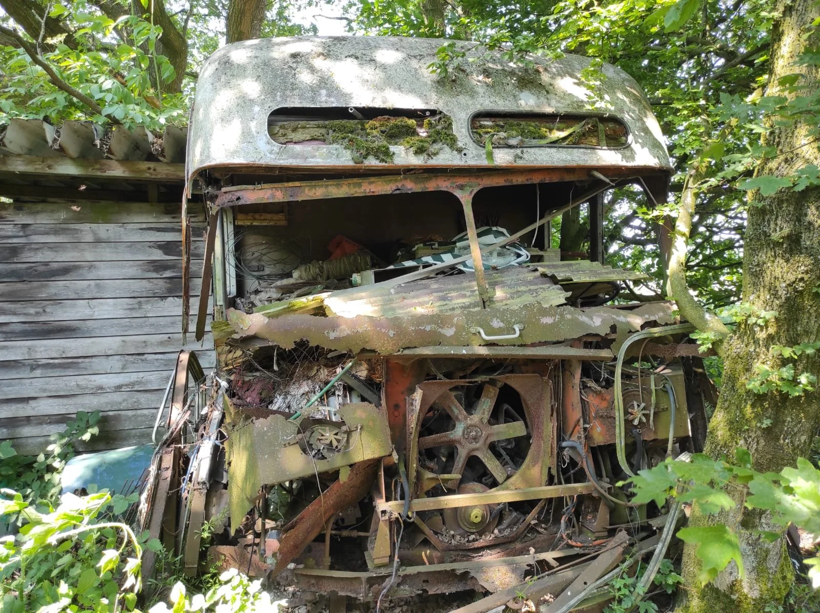 Verlassener, verunstalteter Zug in einer Garage mit Graffiti an den Seiten, schmutzigen Böden und dunkler Decke.
