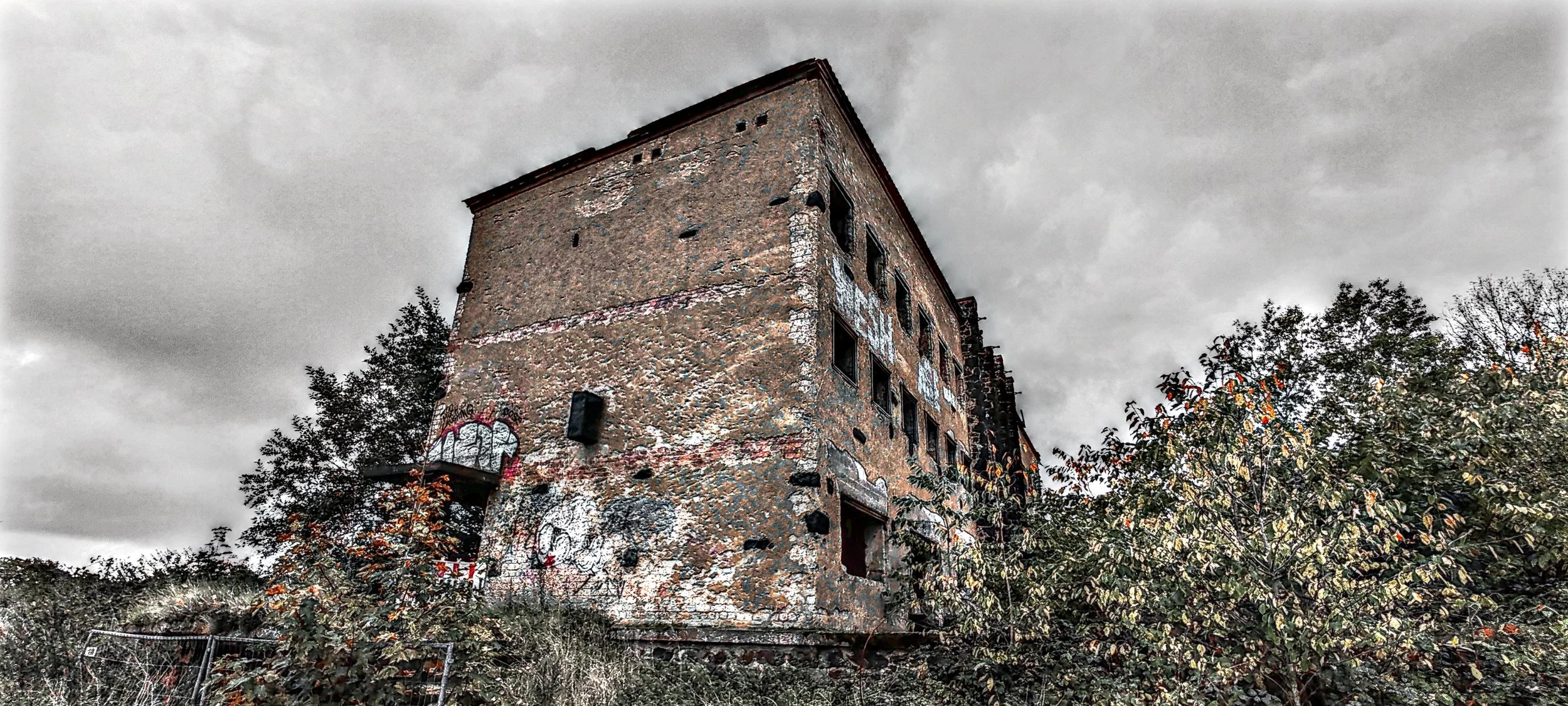 Ein verfallenes altes mehrstöckiges Gebäude mit graffiti an den Wänden, umgeben von Büschen und Bäumen, bei bedecktem Himmel.