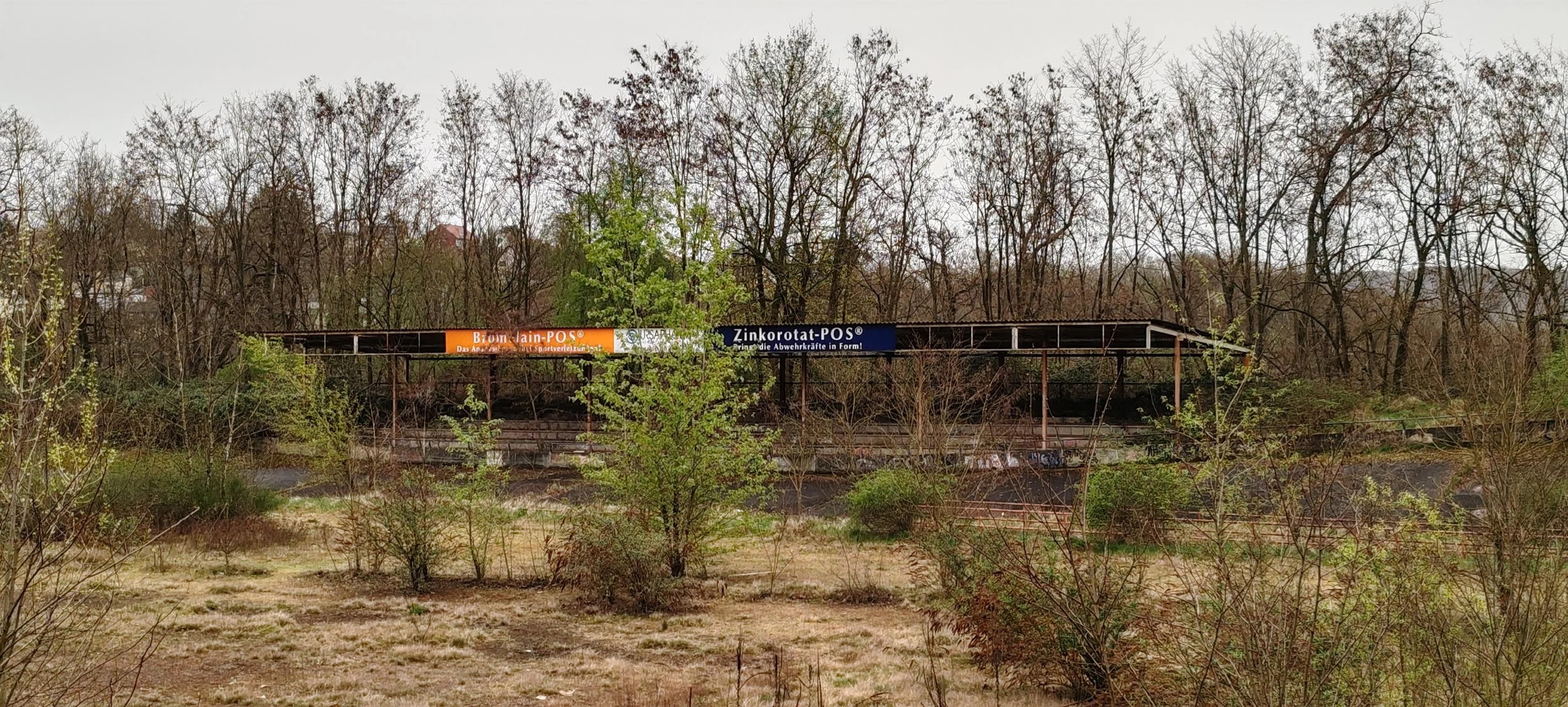 Verfallene alte Bahnbrücke im Grünen mit Bäumen und Sträuchern im Vordergrund, bewölkter Himmel im Hintergrund.