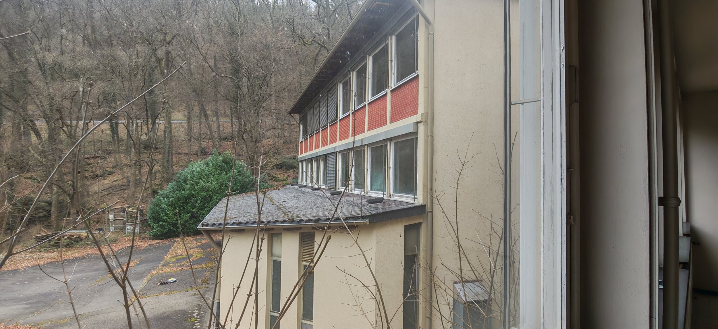 Blick aus einem Fenster auf ein mehrstöckiges Gebäude mit roten und beige Wänden, umgeben von einem bewaldeten Hügel im Hintergrund, im Winter ohne Laub auf den Bäumen.