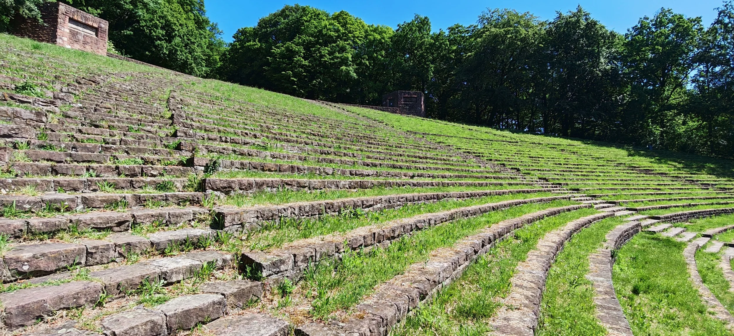 Steintribüne im Freien umgeben von Bäumen bei sonnigem Himmel.