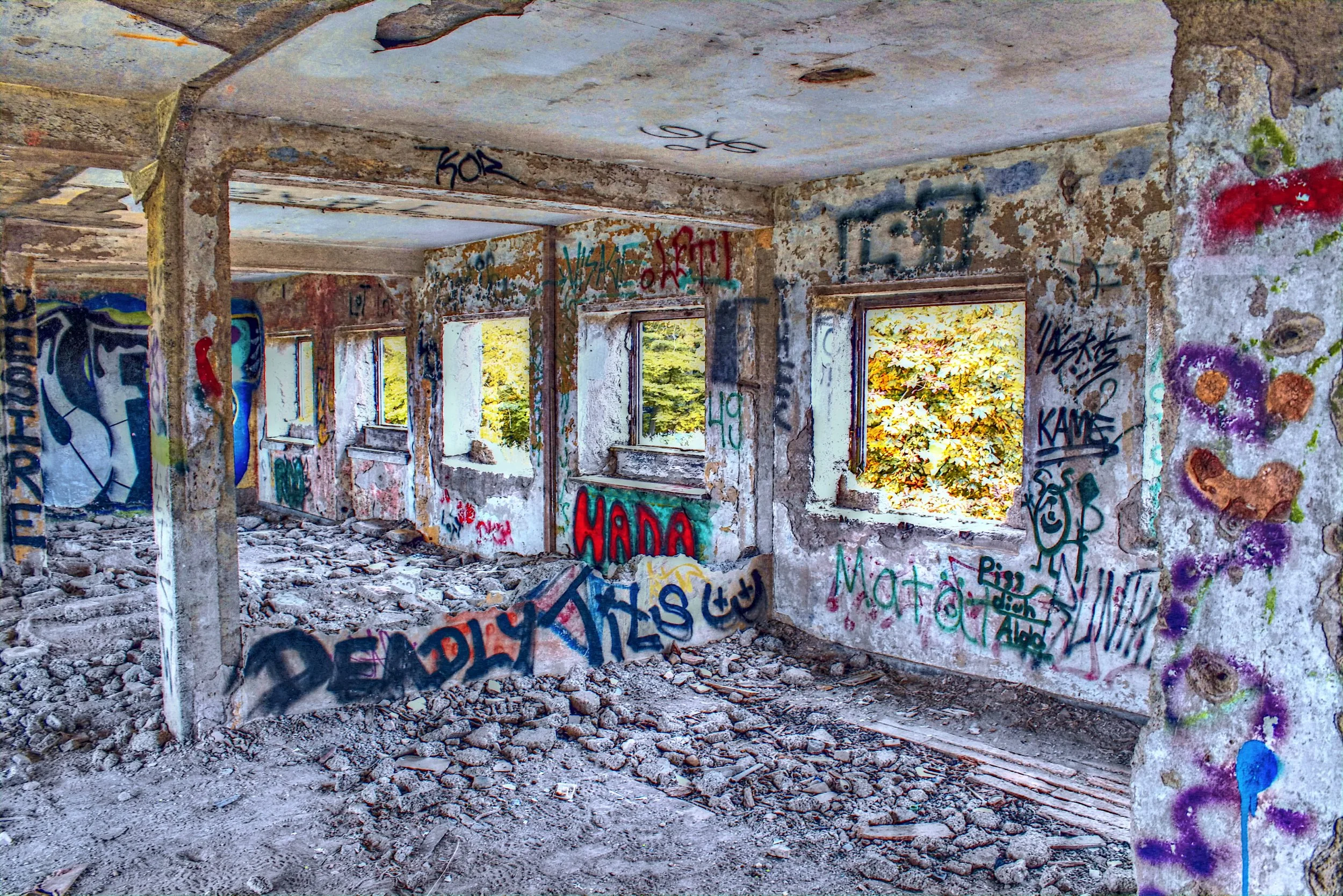Innenaufnahme eines verlassenen, graffitiübersäten Gebäudes mit zertrümmerter Bodenfläche und Fenstern, durch die man den Blick auf grüne Blätter und Bäume hat.