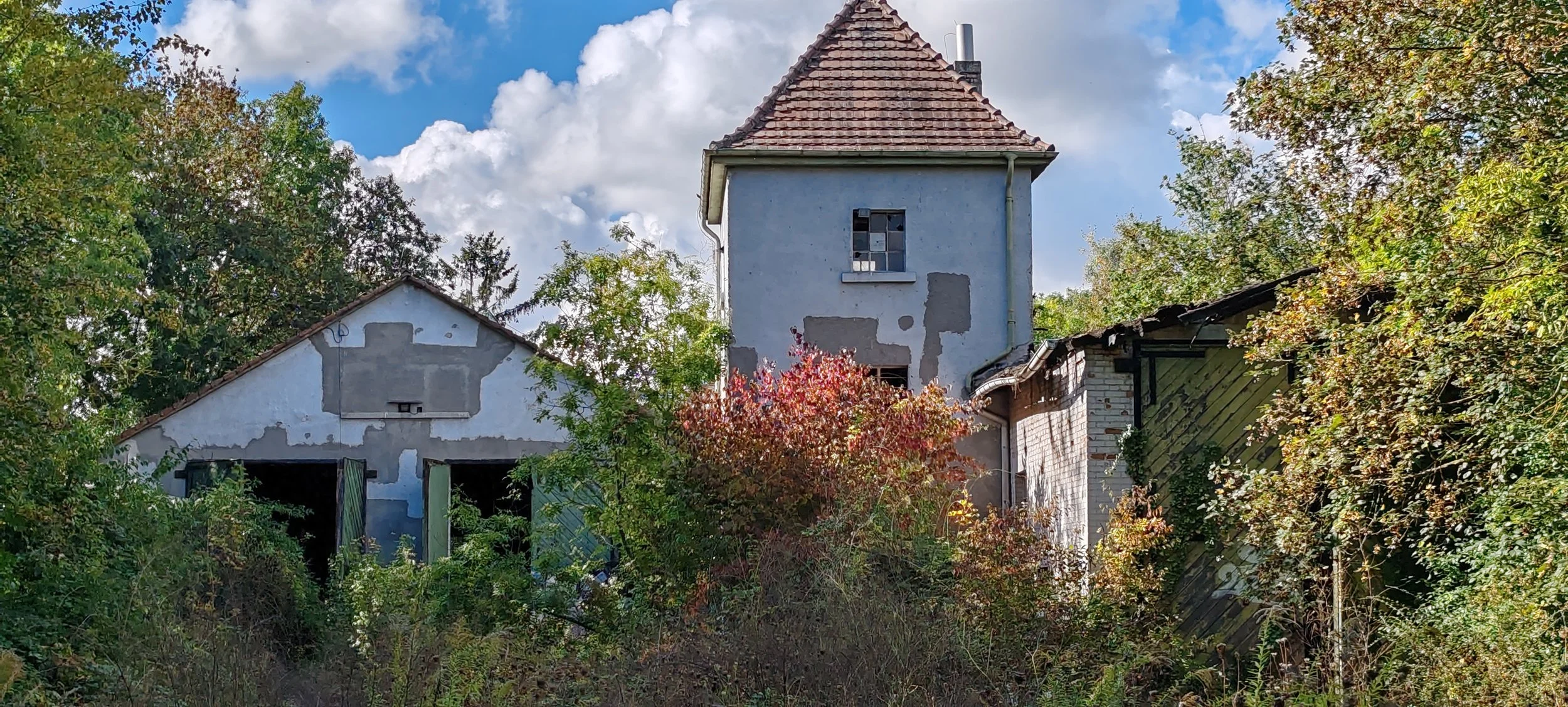 Verfallenes Haus mit verwitterter Fassade, umgeben von Büschen und Bäumen unter blauem Himmel mit Wolken.