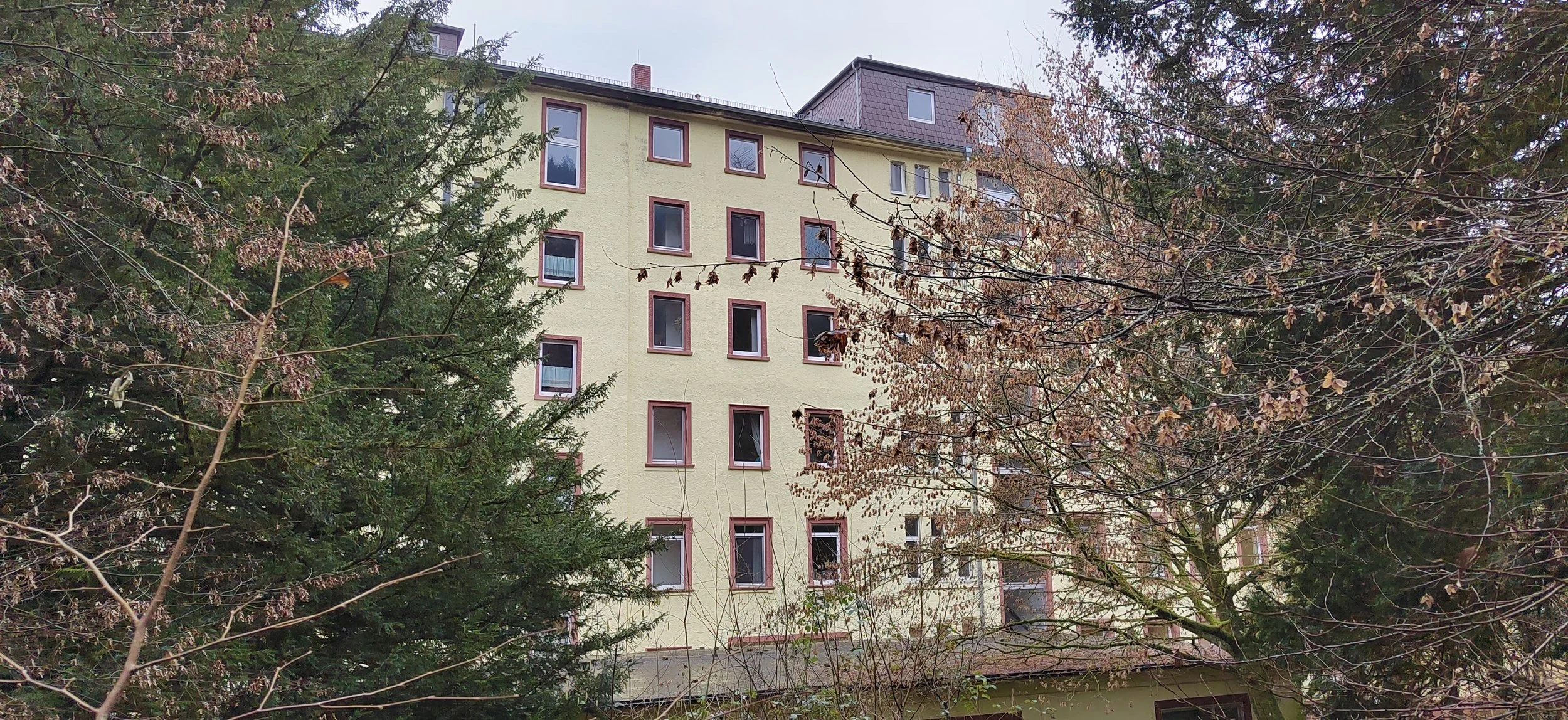 Mehrstöckiges gelbes Wohngebäude mit vielen Fenstern, teilweise von Bäumen mit Herbstlaub umgeben.