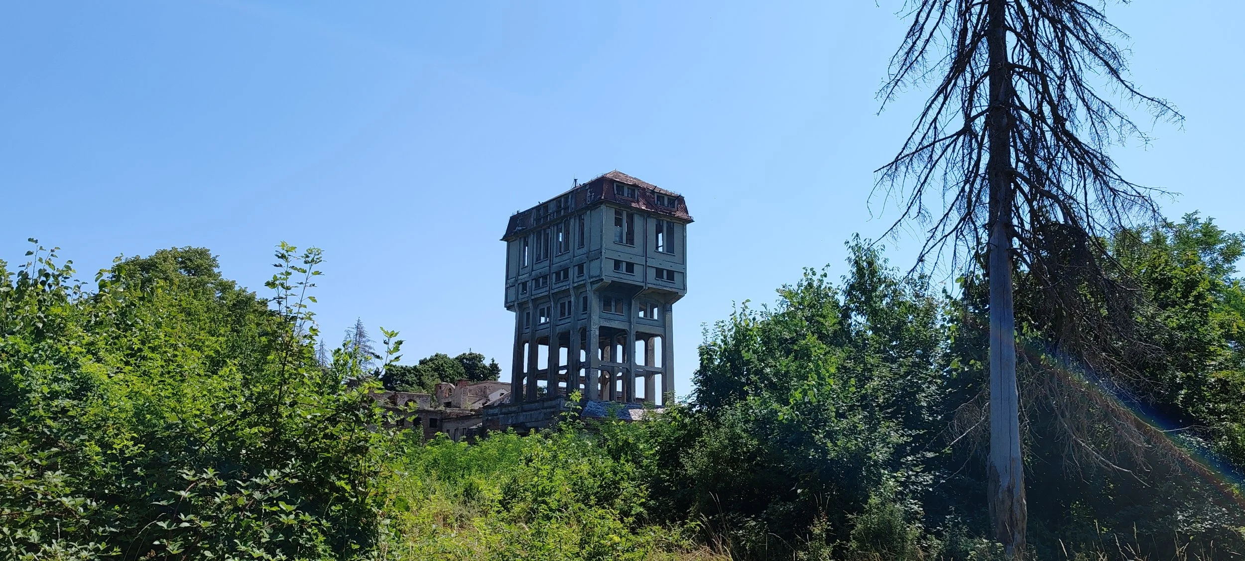 Ein verlassener Wasserturm auf einer bewaldeten Anhöhe bei strahlend blauem Himmel.