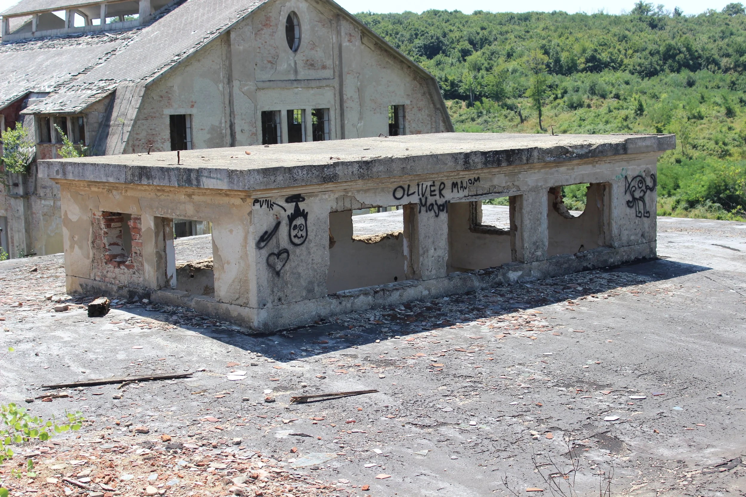 Verrosteter Dachboden mit graffiti-getaggter Brüstung auf einer alten, verfallenen Gebäudestruktur, umgeben von grünen Büschen und Bäumen im Hintergrund.