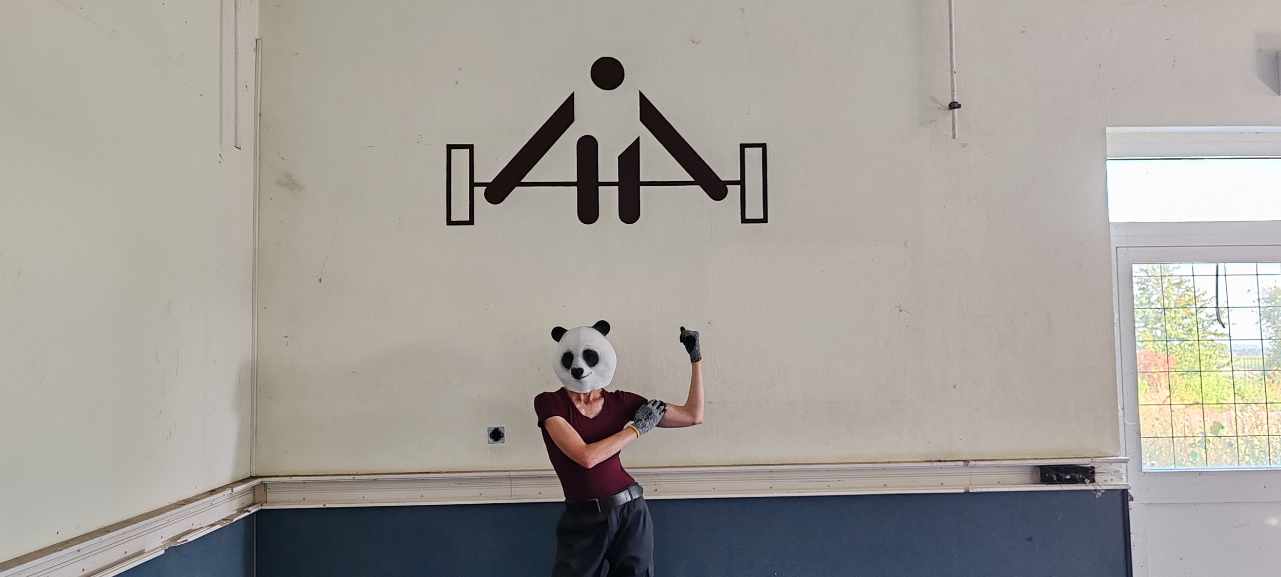 Person mit Panda-Maske posiert in einem Raum mit Gymnastikbild auf der Wand, die Person trägt Handschuhe und dunkle Kleidung.