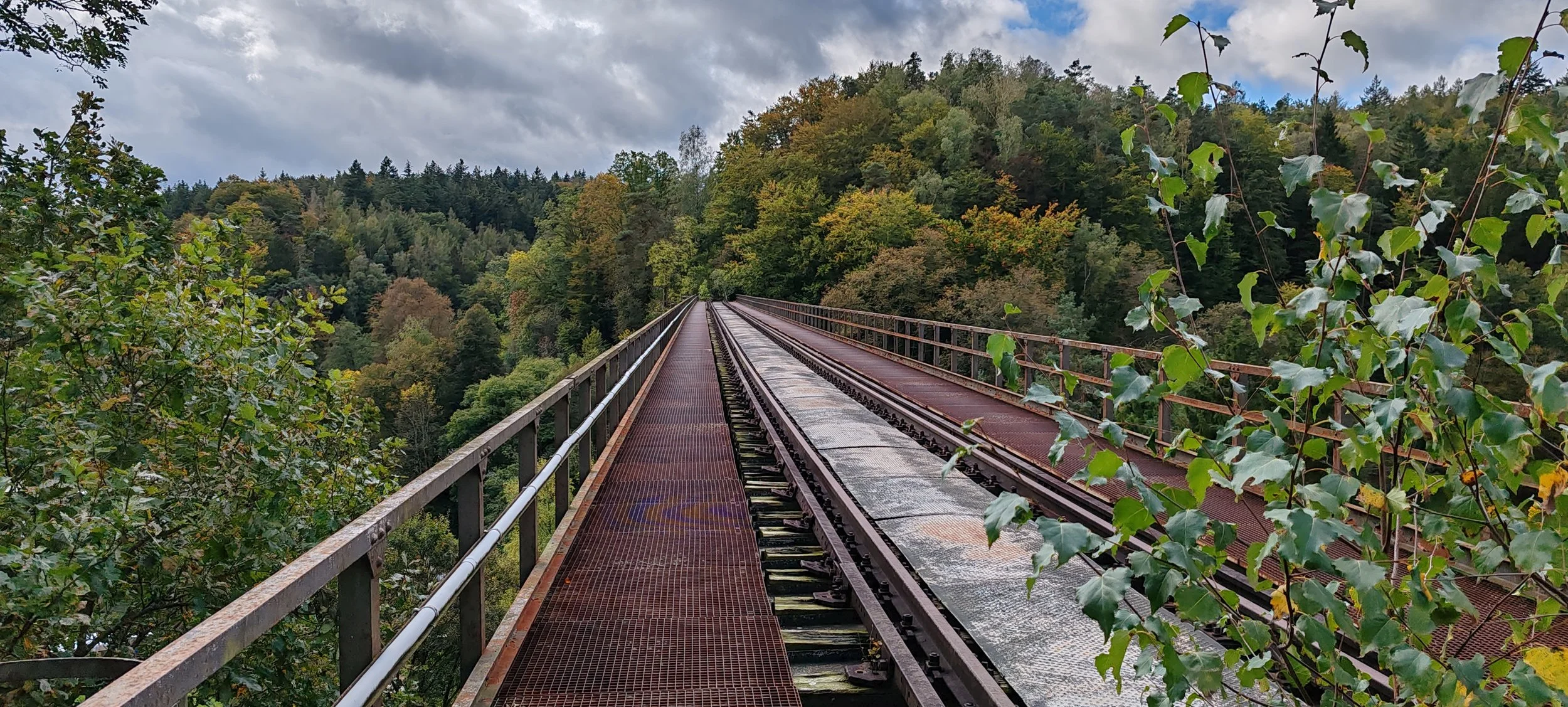 Ein rostiger Eisenbahnbrücke inmitten eines bewaldeten Hügels, umgeben von grünen Bäumen und mit bewölktem Himmel darüber.
