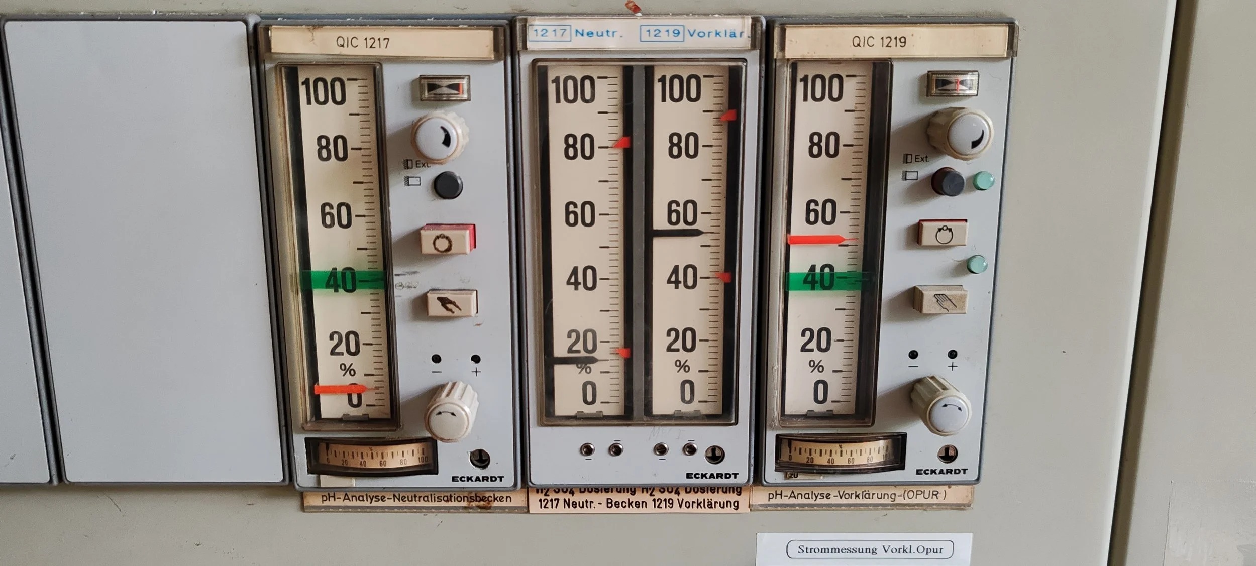 Analoger pH-Wert-Messgerät mit drei vertikalen Skalen, Einstellknöpfen und Zeigern zur Beurteilung des pH-Werts in Wasserproben.