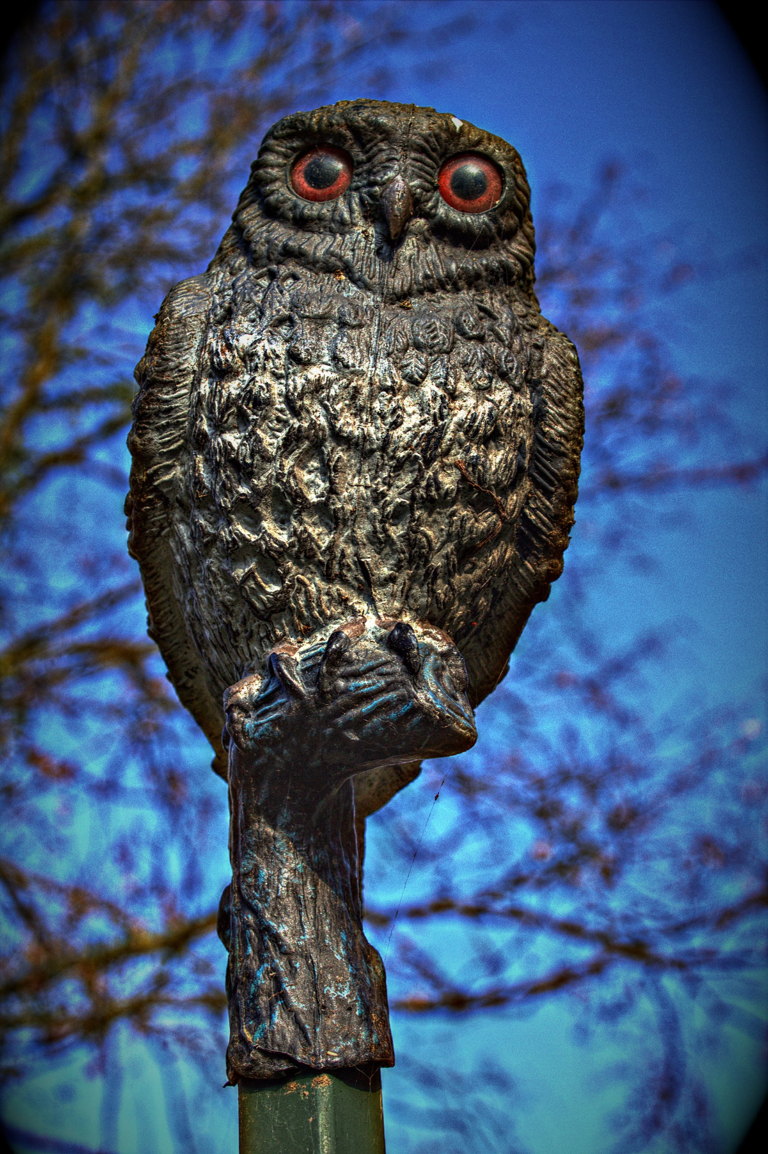 Bronzefigur eines Eulenkopfes auf einem Pfahl vor blauem Himmel mit Baumzweigen im Hintergrund.