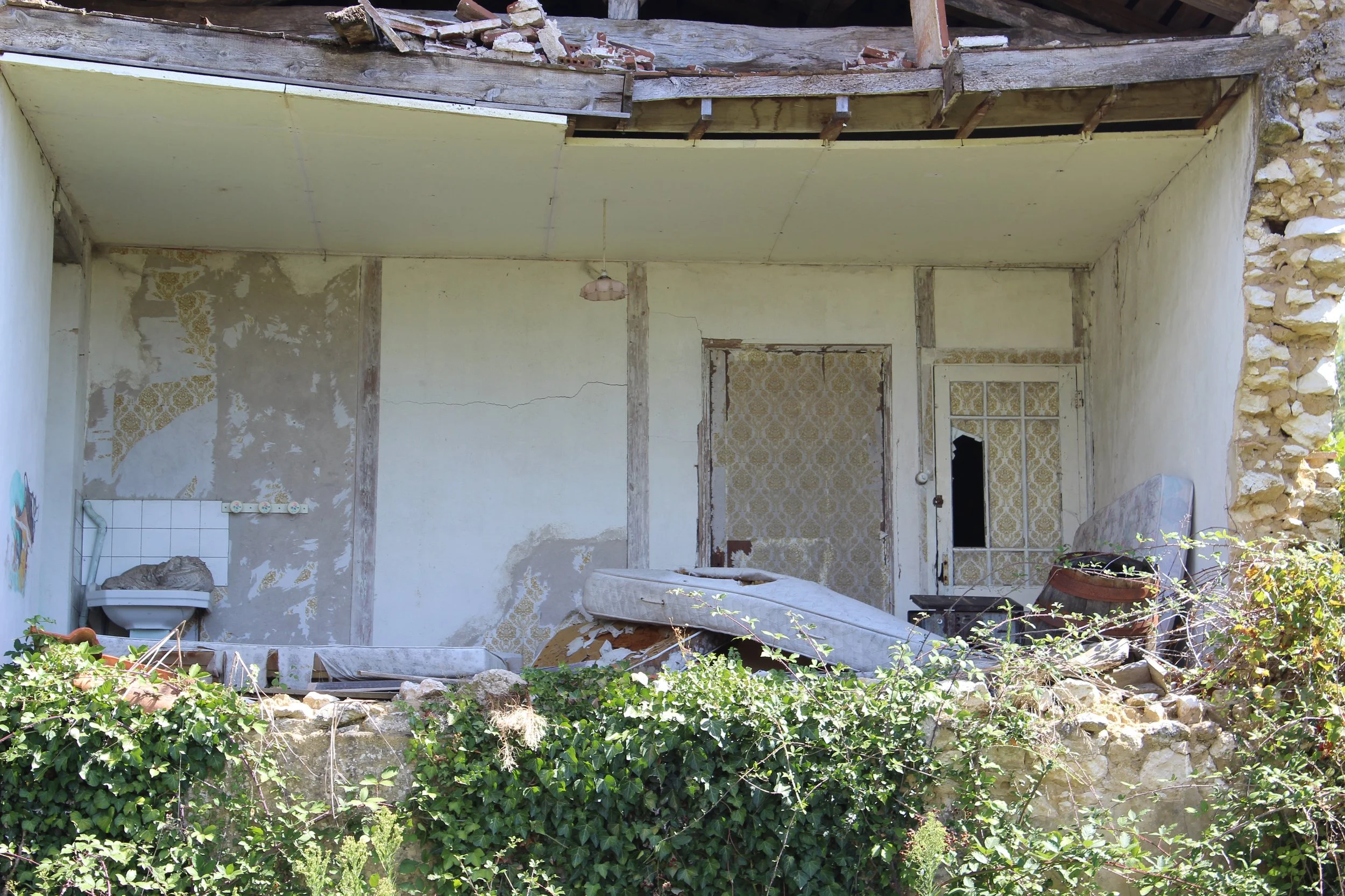 Verfallene, verlassene Hausruine mit zerbrochener Tür, alten Möbeln und überwucherten Pflanzen im Garten.