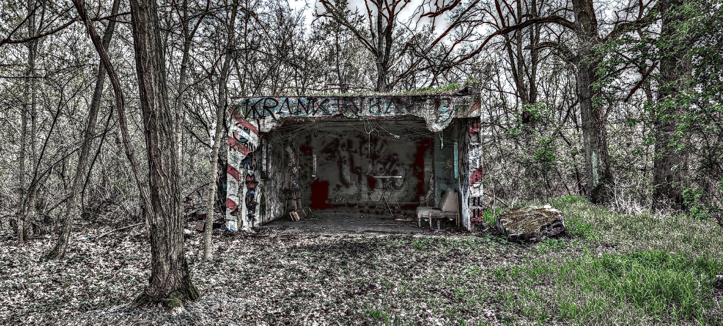 Eine verfallene, graffiti-überzogene Holzhütte in einem bewaldeten Gebiet, umgeben von Bäumen und dichtem Unterholz.